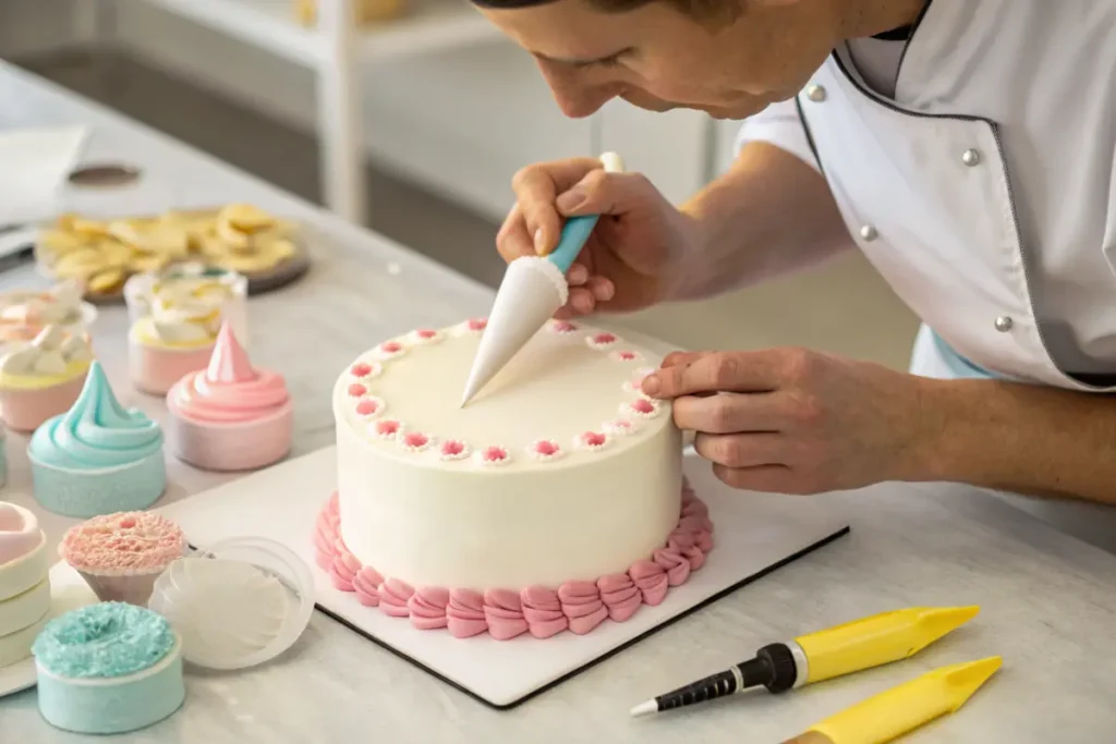 Baker assembling a fondant horn on a unicorn cake