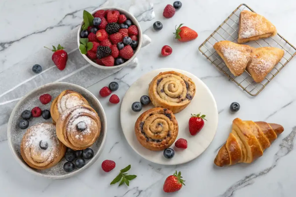 An assortment of breakfast pastries including muffins and croissants