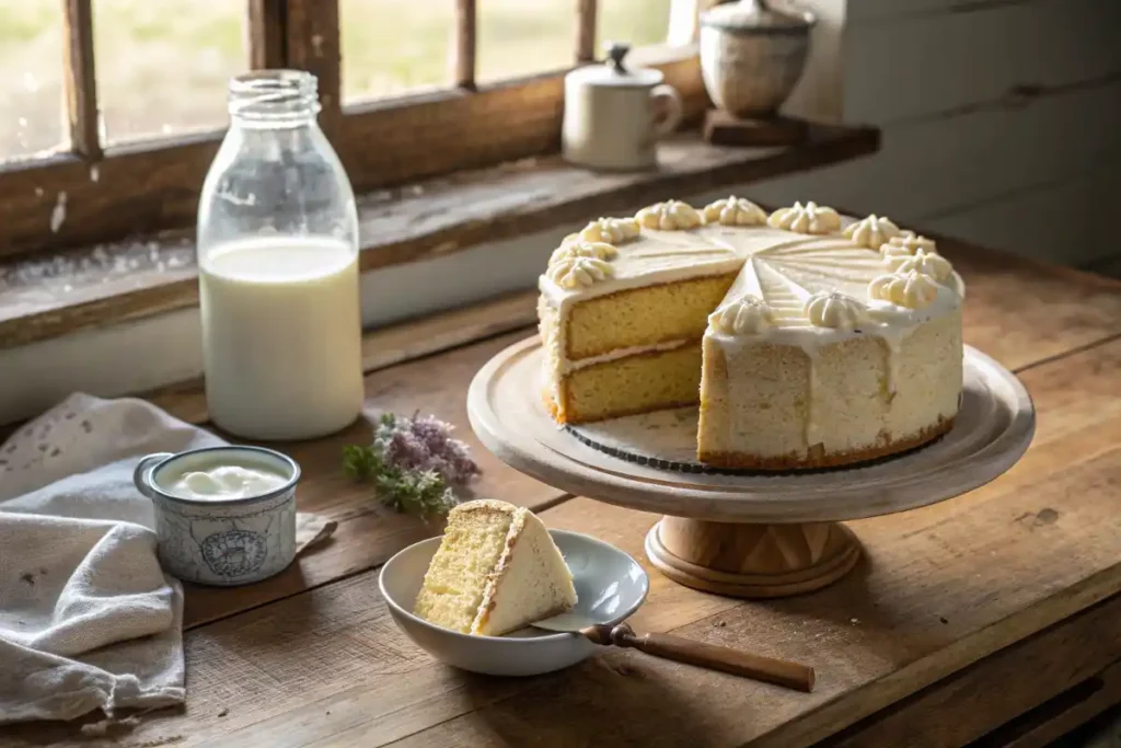 Vanilla cake with kefir and buttermilk on a rustic table