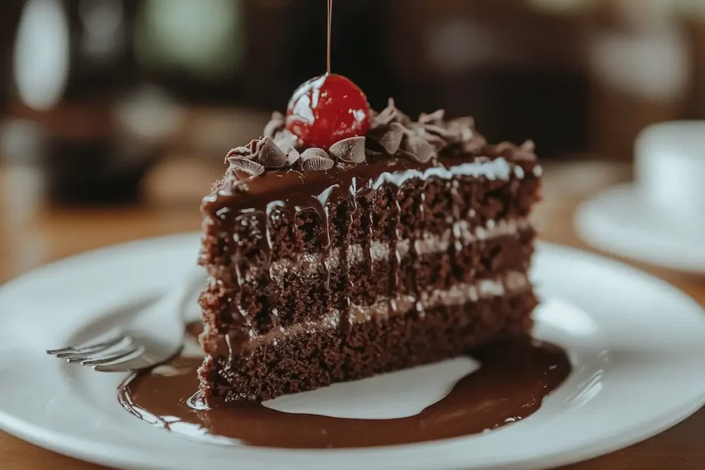 Moist chocolate cake slice made with kefir, topped with chocolate glaze