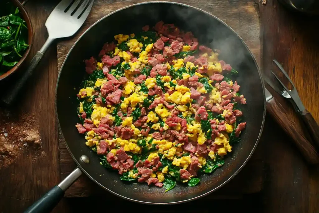 Skillet of canned corned beef scramble with eggs and spinach