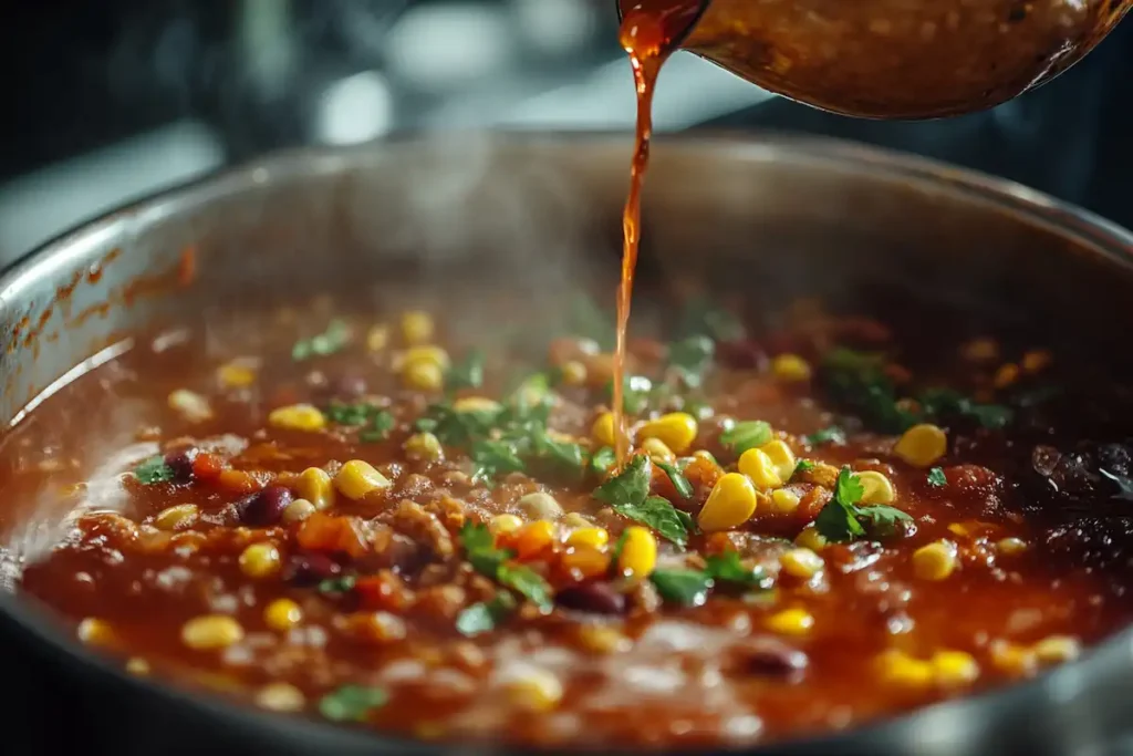 Cornstarch slurry being added to a bubbling pot of taco soup.