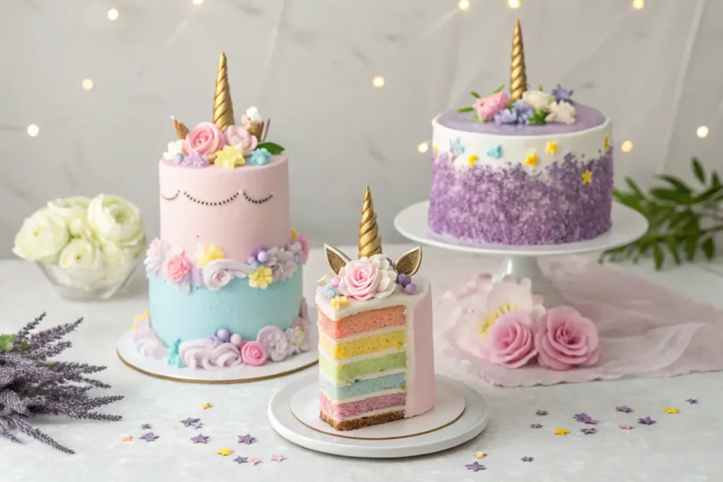 Three unicorn cake variations: rainbow layer, mini cake, and vegan lavender cake