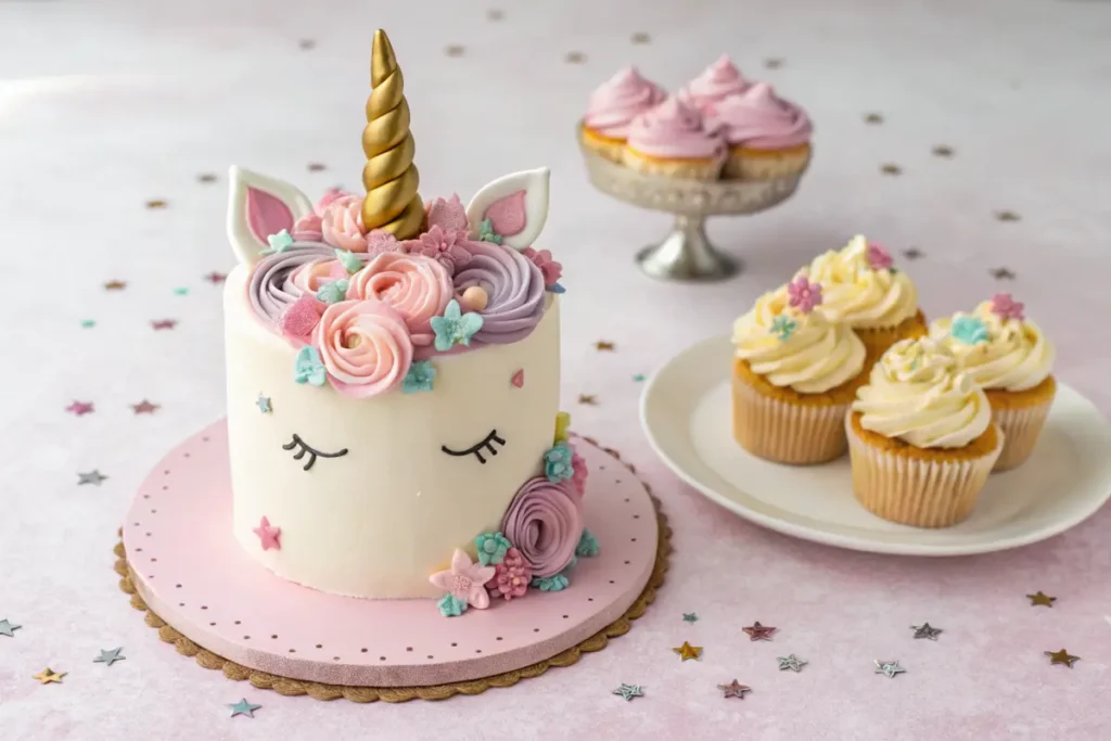 Decorated mini unicorn cake with matching cupcakes and edible glitter