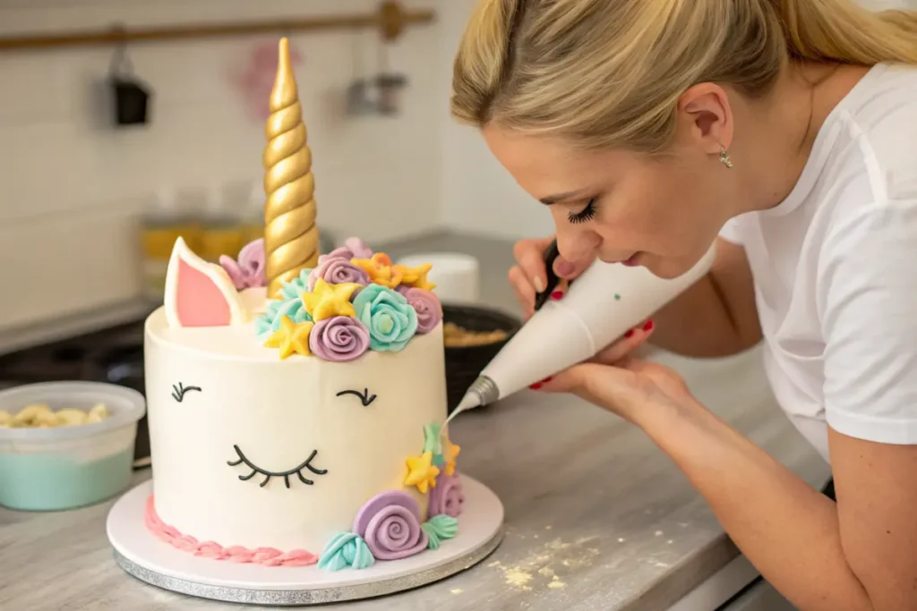 Close-up of a baker decorating a unicorn cake with pastel frosting and golden horn