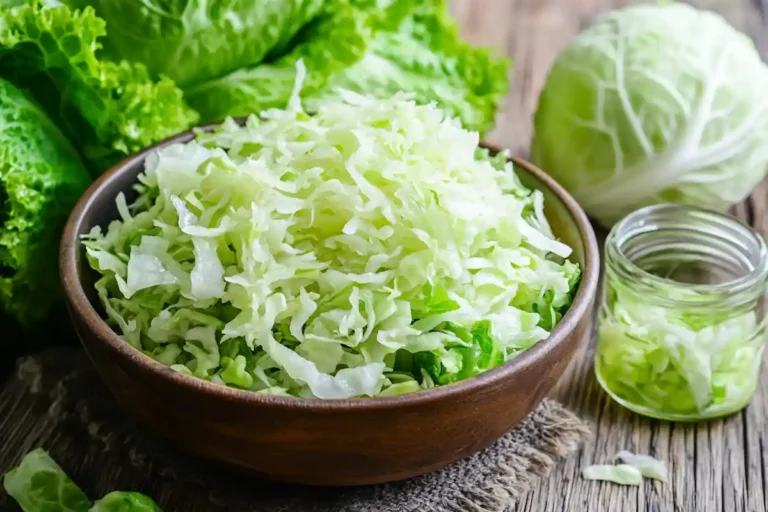 Freshly prepared sauerkraut in a bowl with sauerkraut brine and cabbage leaves on a wooden background.