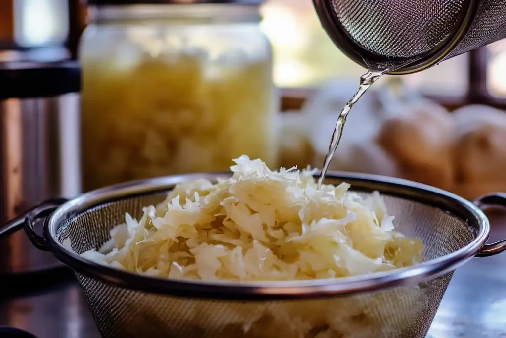 Draining sauerkraut in a mesh strainer over a bowl, with sauerkraut brine in the background.