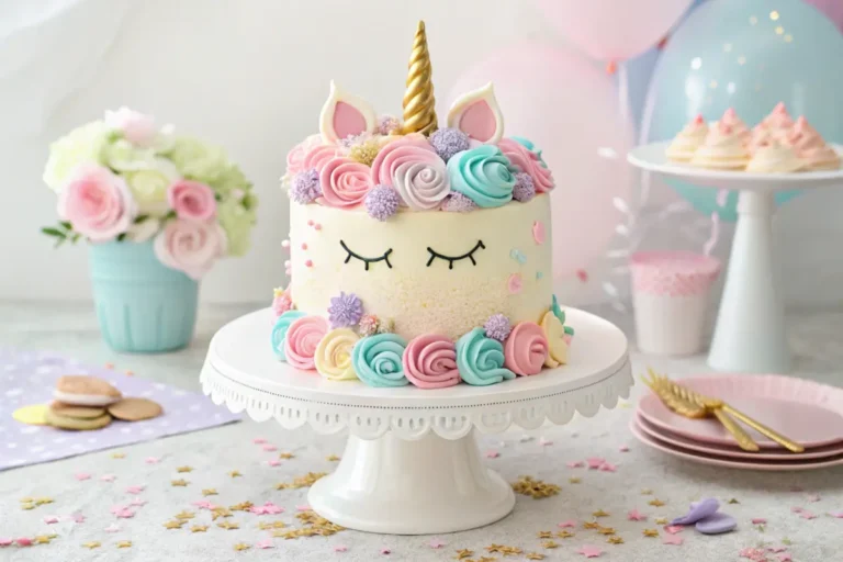 Pastel unicorn cake with a golden horn and rosettes on a white cake stand