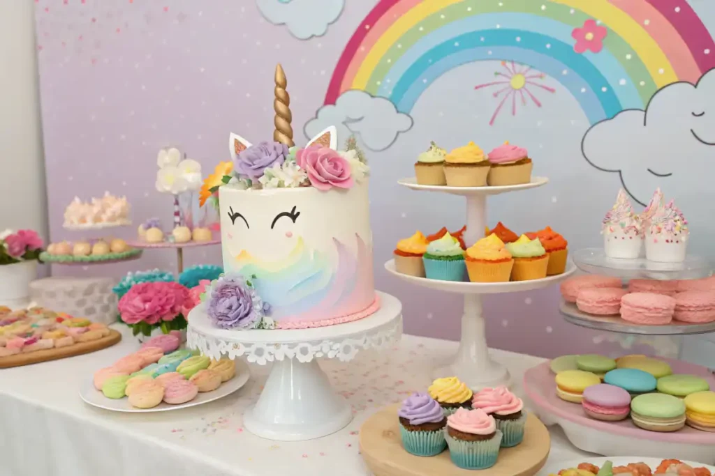 Unicorn-themed dessert table with cake, cupcakes, and donuts.