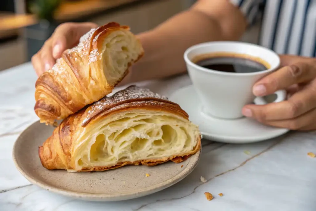 A person enjoying a flaky breakfast pastries with coffee