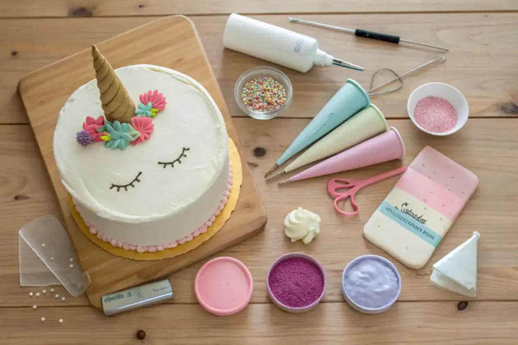 Flat lay of unicorn cake-making tools, ingredients, and partially frosted cake