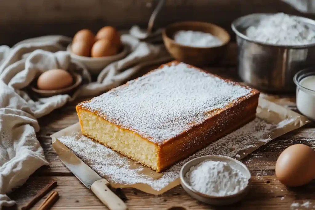 Freshly baked Kefir Sheet Cake on a rustic wooden table.