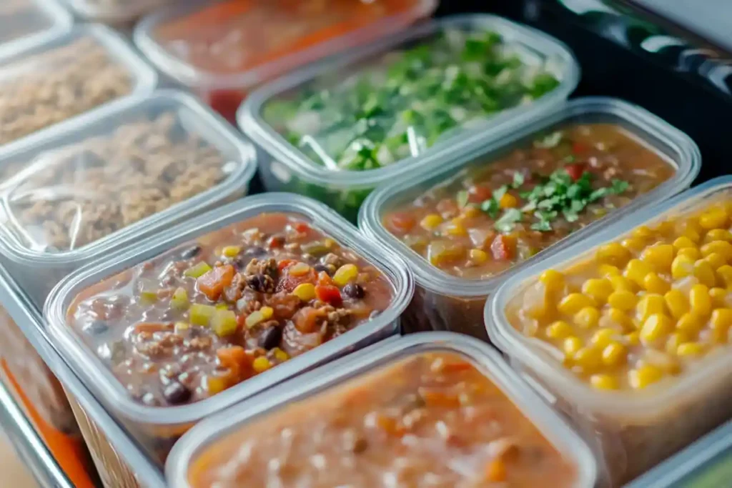 Freezer filled with labeled containers of taco soup