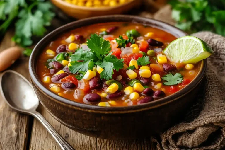 Bowl of taco soup with fresh toppings on a rustic table