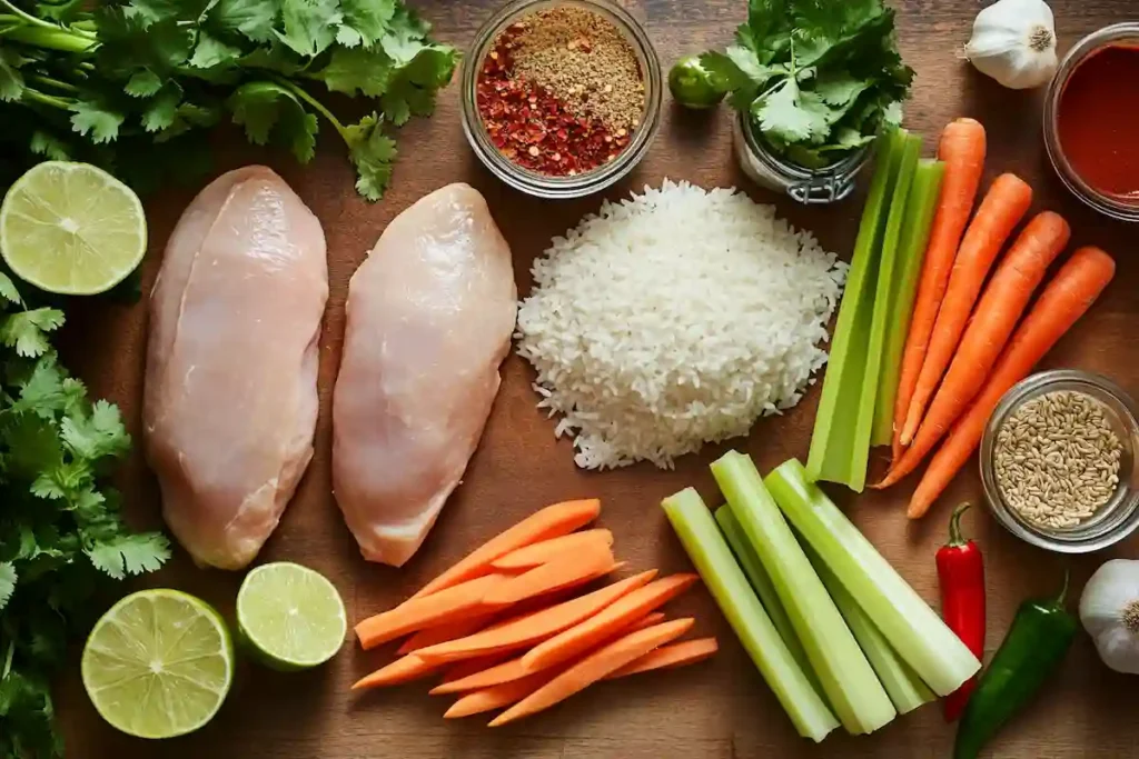 Ingredients for chopt spicy chicken soup recipe with rice