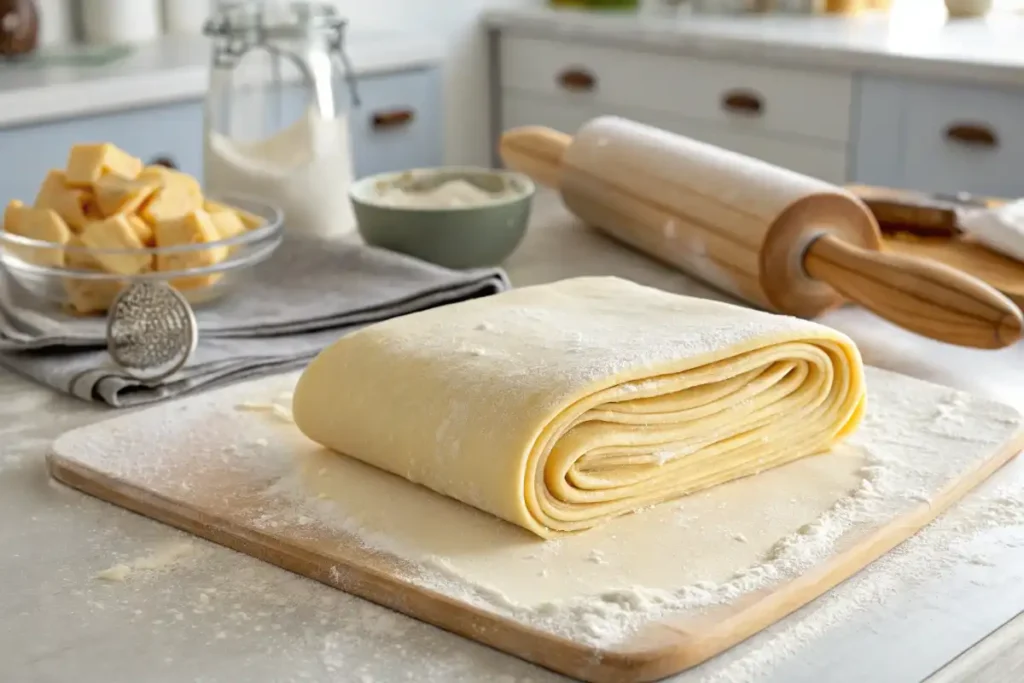 What are some common pastries? Puff pastry dough mid-lamination showing its layers