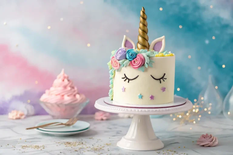 Mini unicorn cake with pastel colors and golden horn on a white cake stand