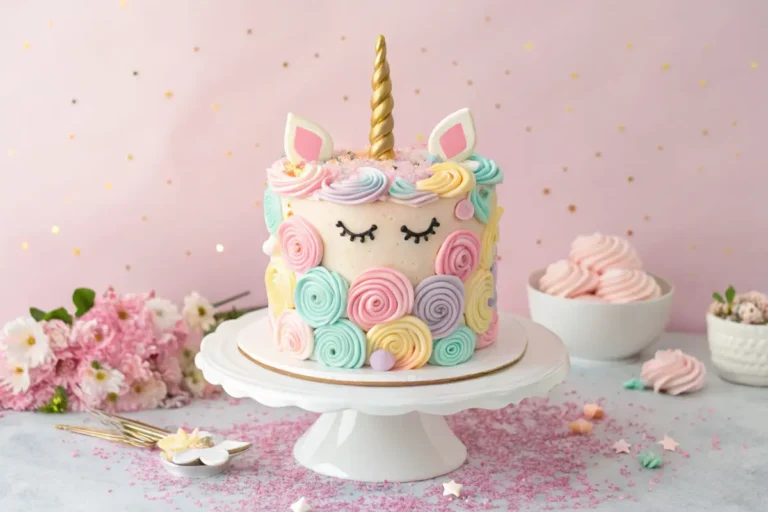 A stunning unicorn cake with pastel swirls and a golden horn