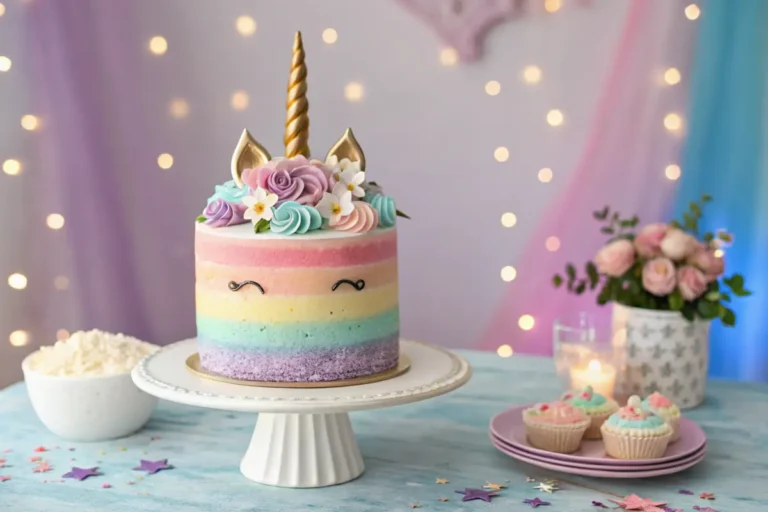 Unicorn cake with rainbow layers and golden horn on a pastel table.