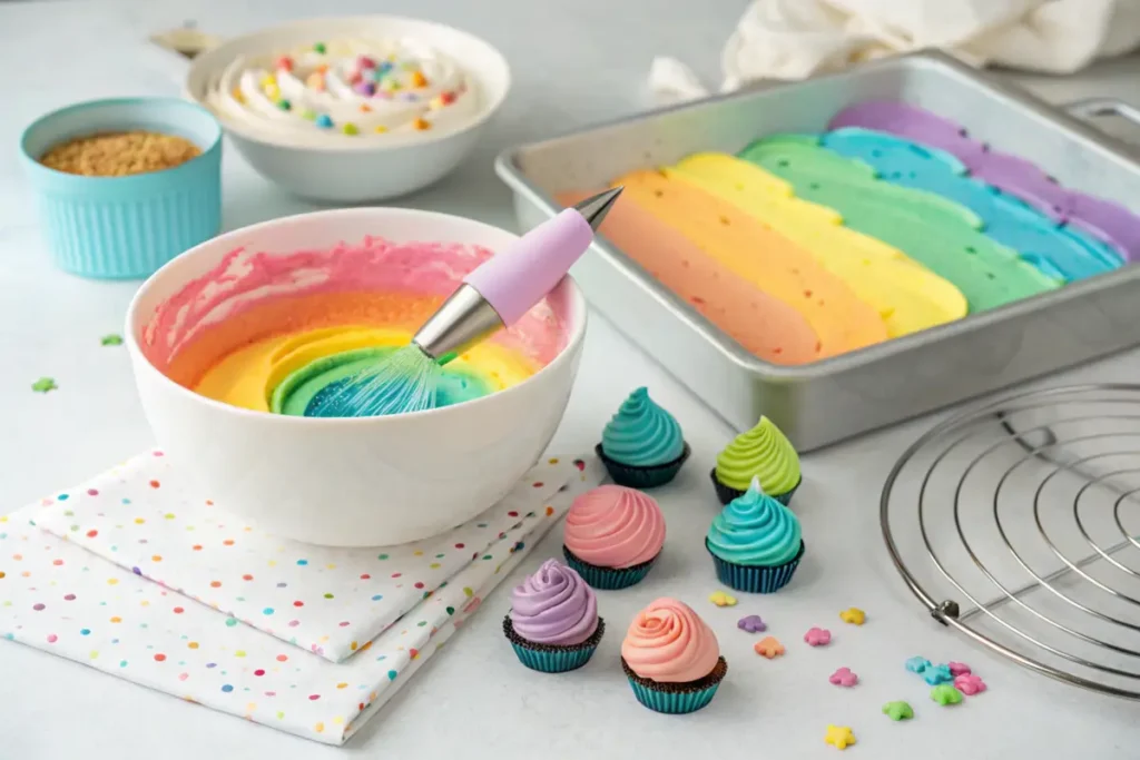 Rainbow batter and baking tools for making mini unicorn cakes