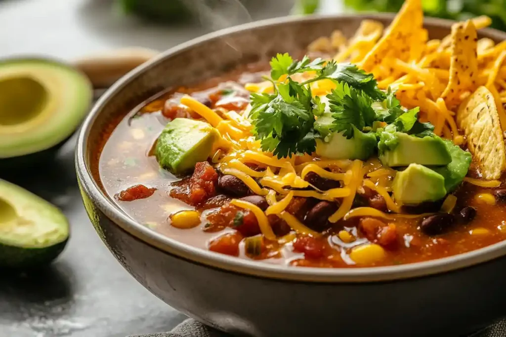 Reheated taco soup with fresh toppings