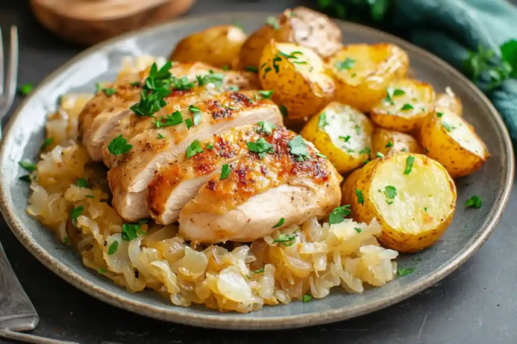 Roasted chicken loin served with sauerkraut and potatoes.