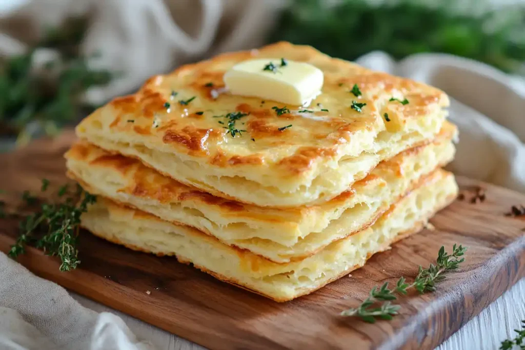 Flaky golden biscuits made with kefir, topped with butter