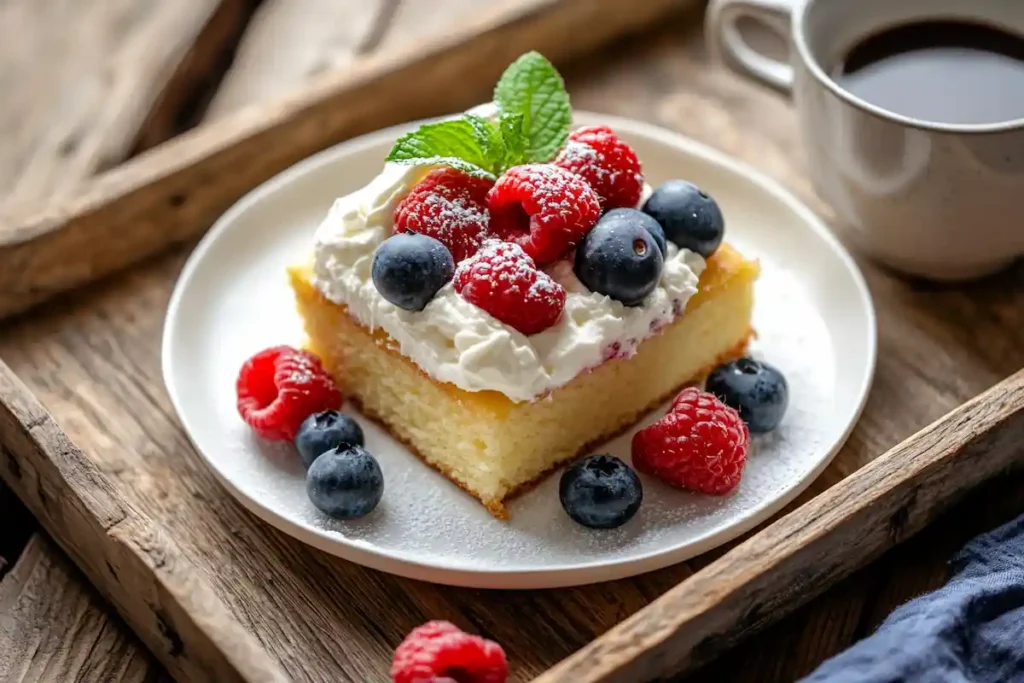 Slices of Kefir Sheet Cake served with fresh berries and whipped cream.