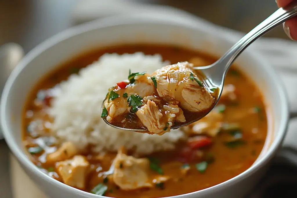 Spoonful of chopt spicy chicken soup recipe with rice