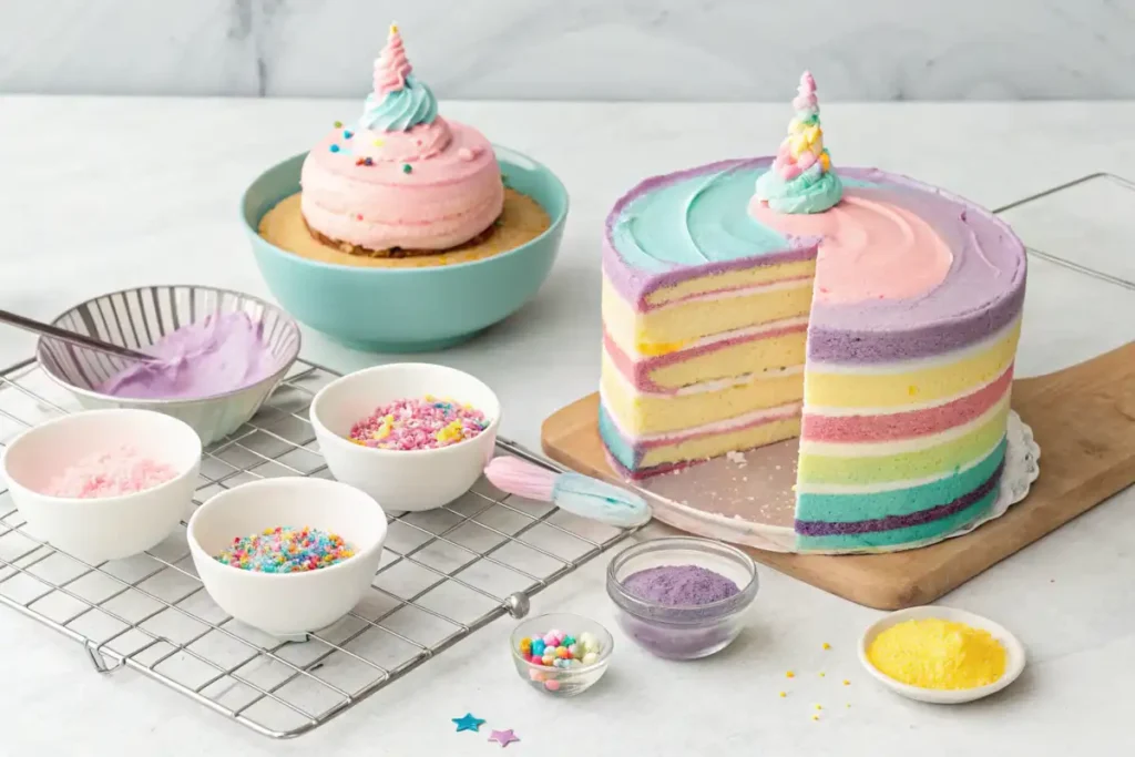 Making a unicorn cake with colorful batter and pastel cake layers.