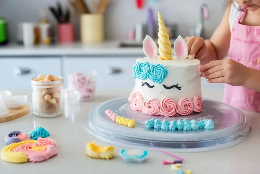 Baker decorating a unicorn cake with pastel buttercream rosettes and fondant toppers.