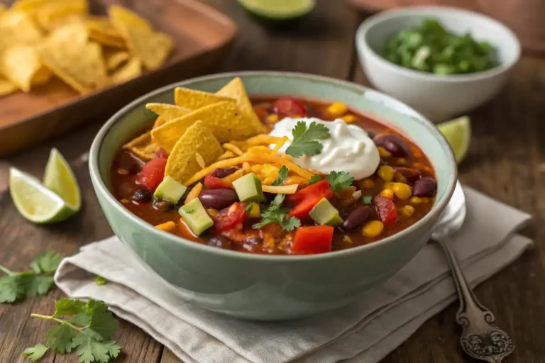 Taco soup frios topped with Fritos and garnishes