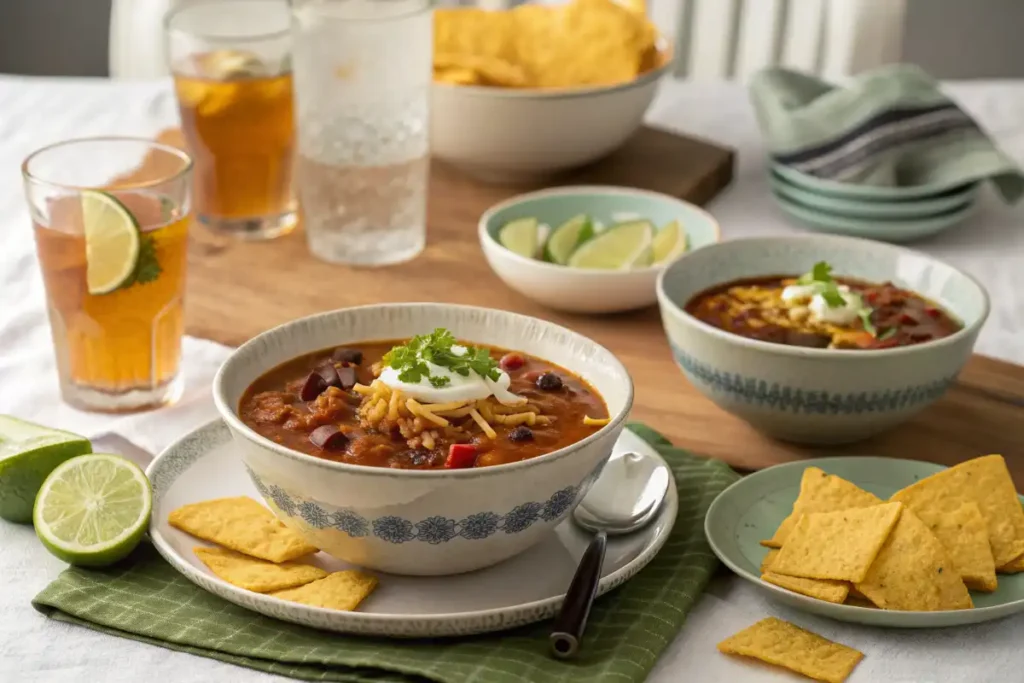 Dinner table featuring taco soup frios with sides