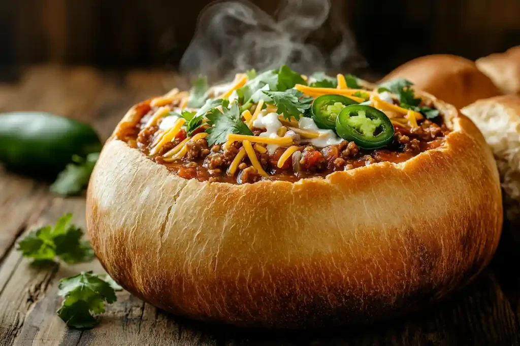 Thickened taco soup served in a bread bowl with fresh toppings