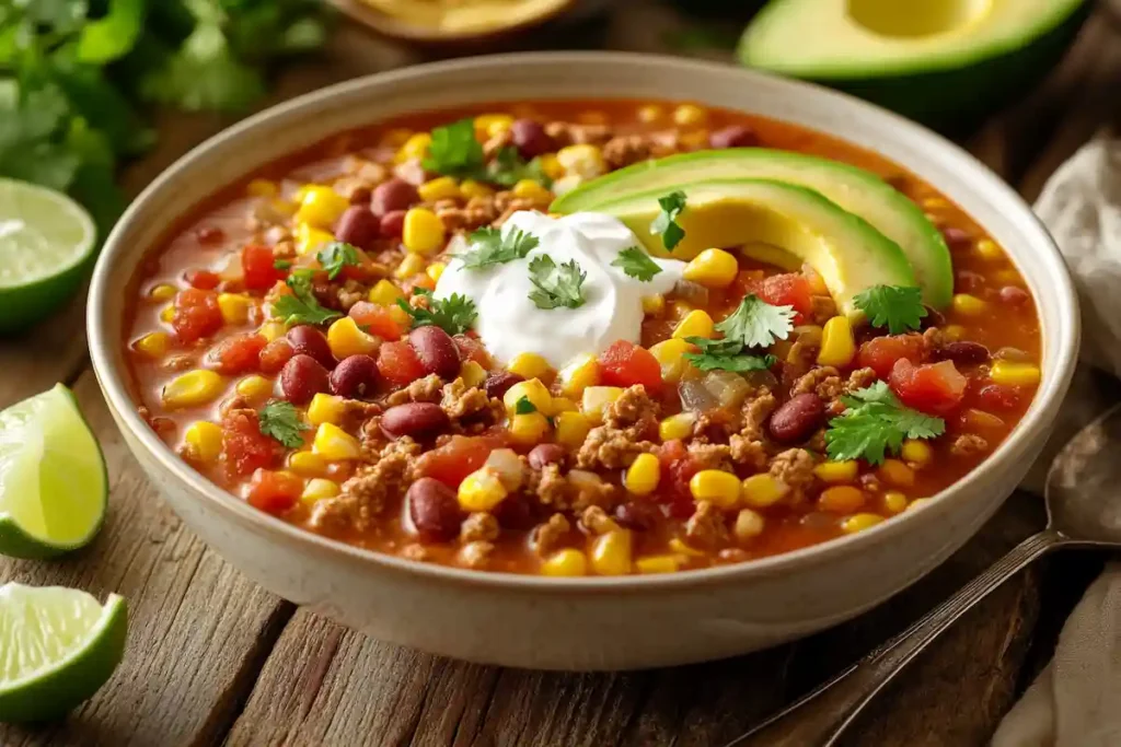 Bowl of taco soup with sour cream, avocado, and cilantro.