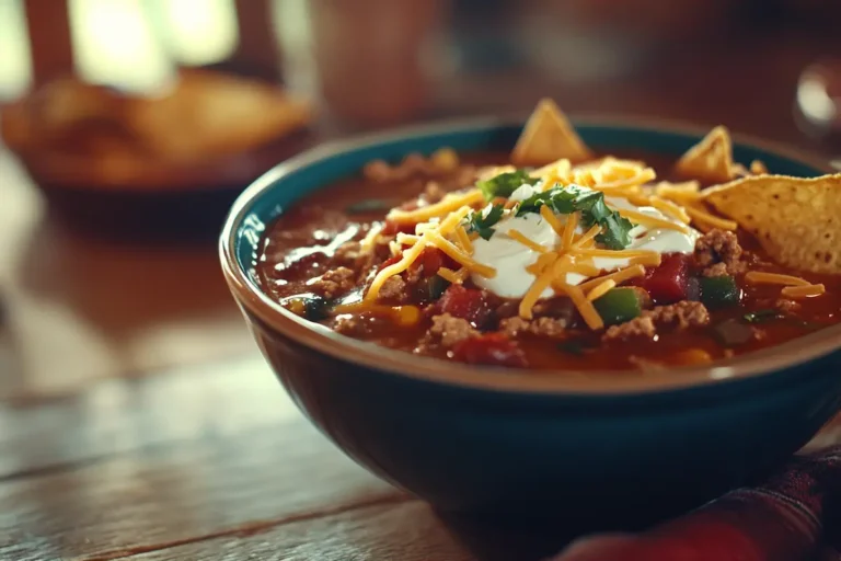 A bowl of thickened taco soup garnished with sour cream, cheese, and tortilla chips in a rustic kitchen.