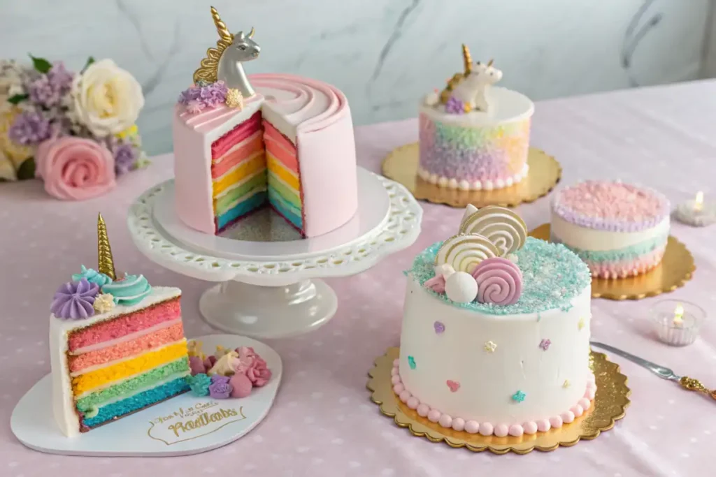 Variations of unicorn cakes with unique designs