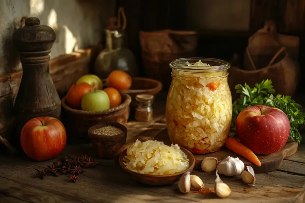 Colorful sauerkraut with added apples, carrots, and spices for enhanced flavor.