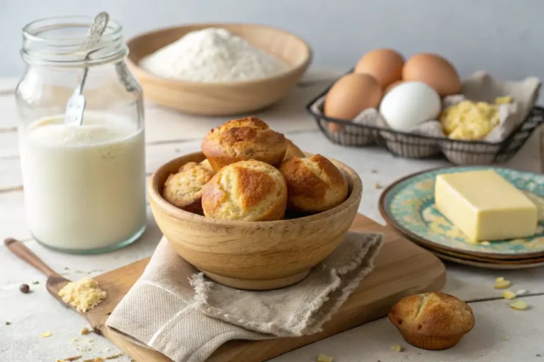 Freshly baked muffins made with kefir on a rustic kitchen counter.