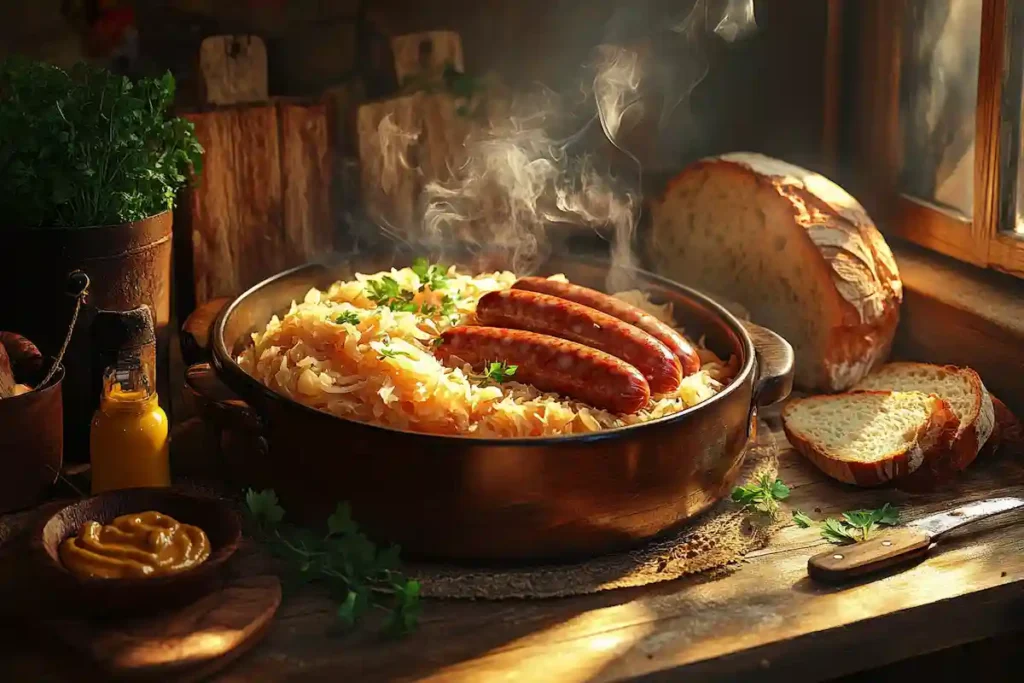 A bowl of sauerkraut served with smoked sausages on a rustic table.