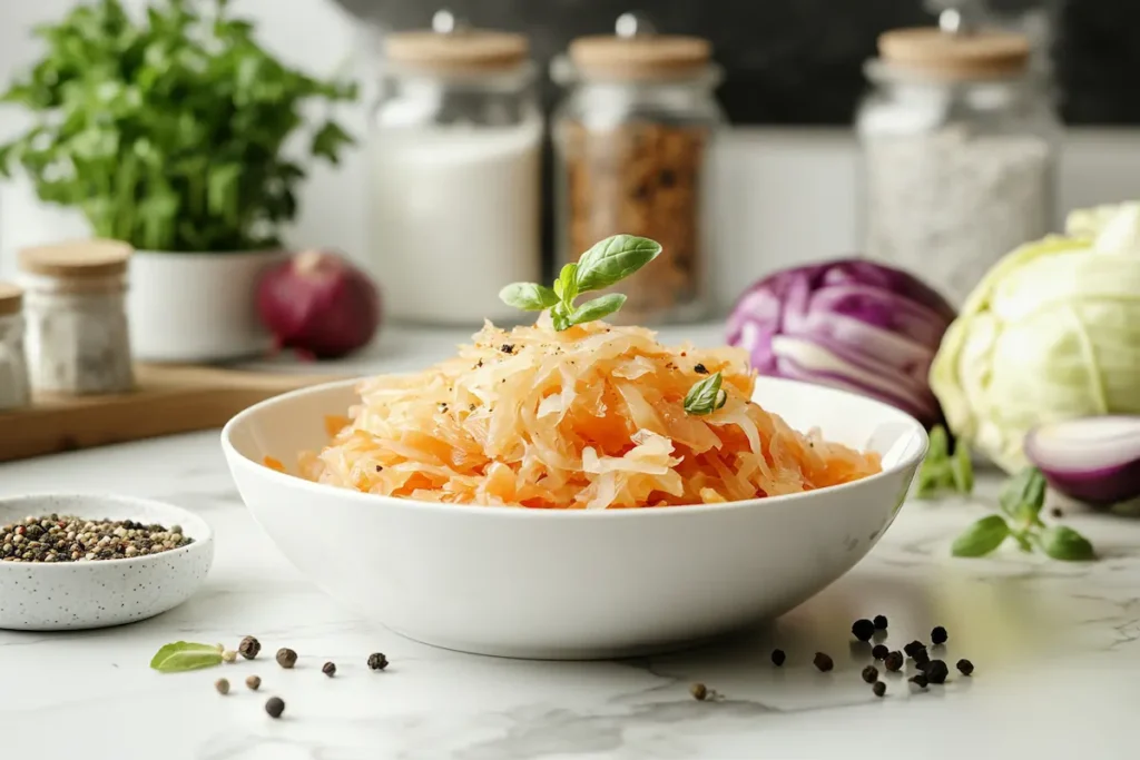 Regular sauerkraut in a simple white dish with fresh cabbage.