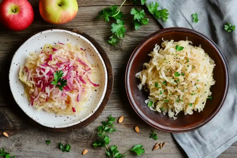 Traditional German sauerkraut in a rustic wooden bowl with fresh ingredients