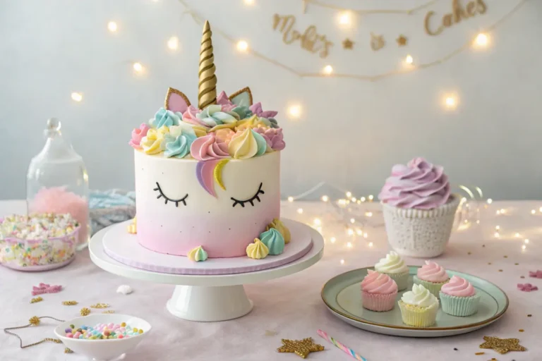 Unicorn theme cake with golden horn and pastel rainbow frosting on a pastel table.