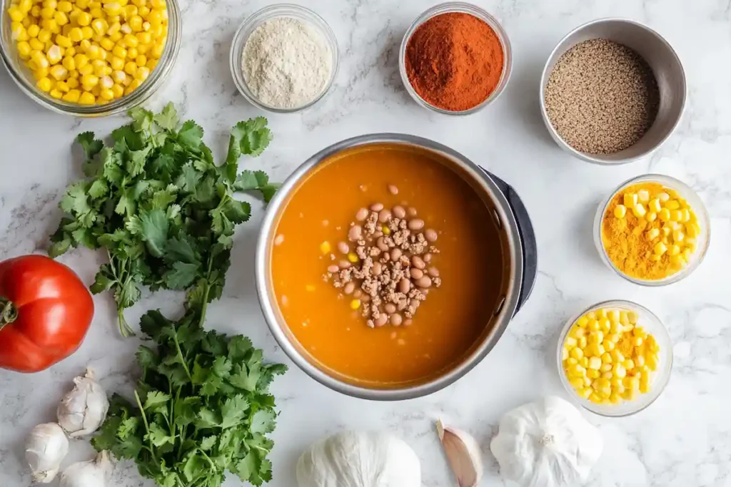 Taco soup ingredients neatly arranged.