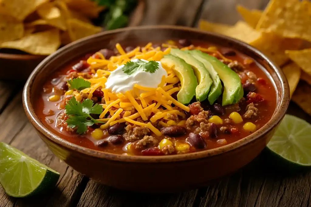 Bowl of taco soup with garnishes and tortilla chips