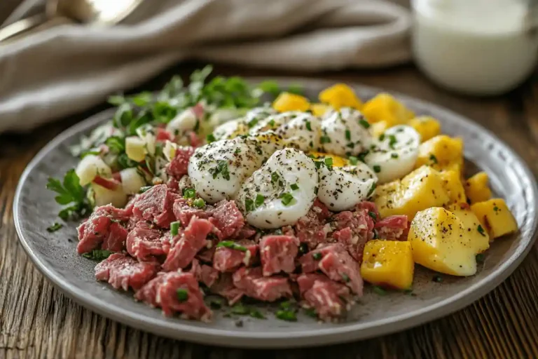 Hearty breakfast with canned corn beef, eggs, and veggies