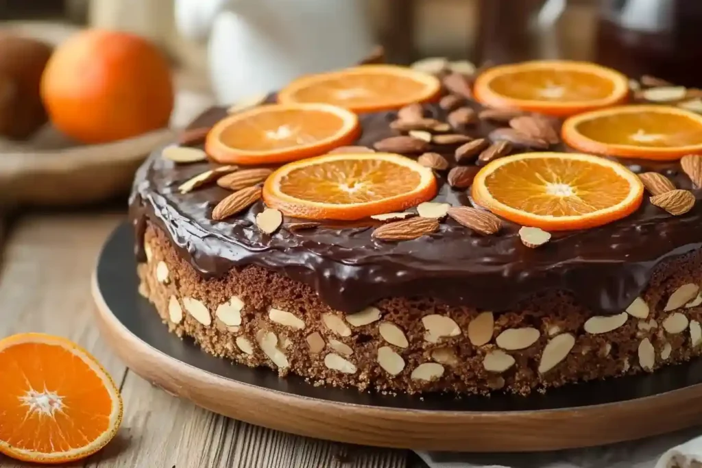 Prolific oven chocolate orange almond cake topped with glossy chocolate ganache, fresh orange slices, and whole almonds.