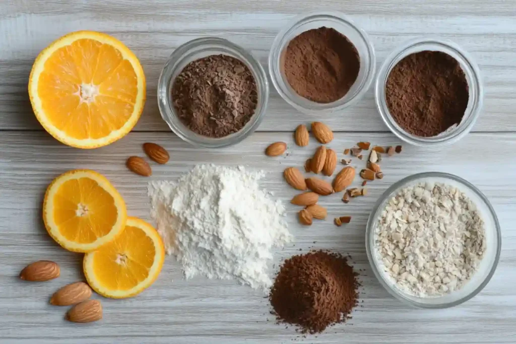 Ingredients layout for prolific oven chocolate orange almond cake recipe