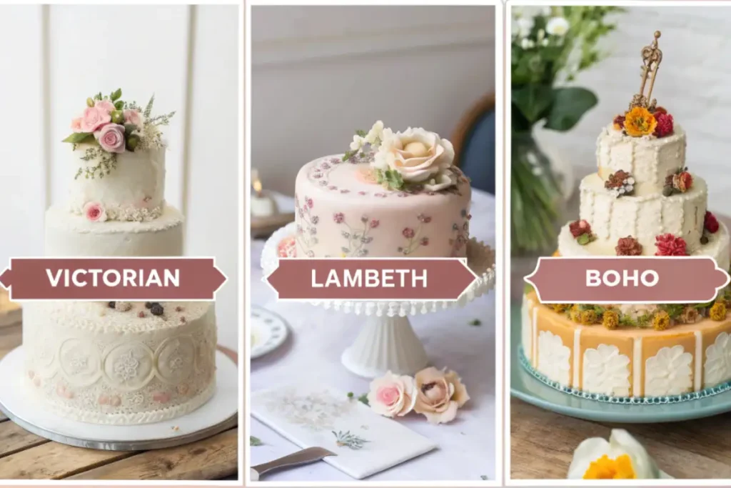 What is the vintage cake style called? – Infographic collage of Victorian, Lambeth, and Boho vintage cake styles.