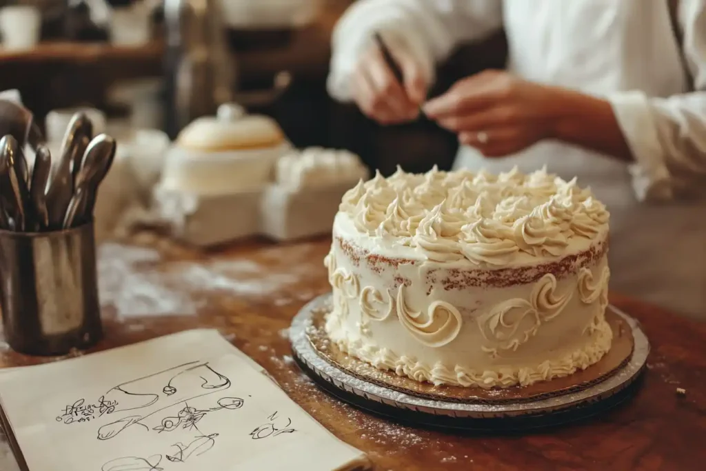 What is the vintage cake style called? – Baker documenting vintage cake decoration with detailed notes and vintage tools.